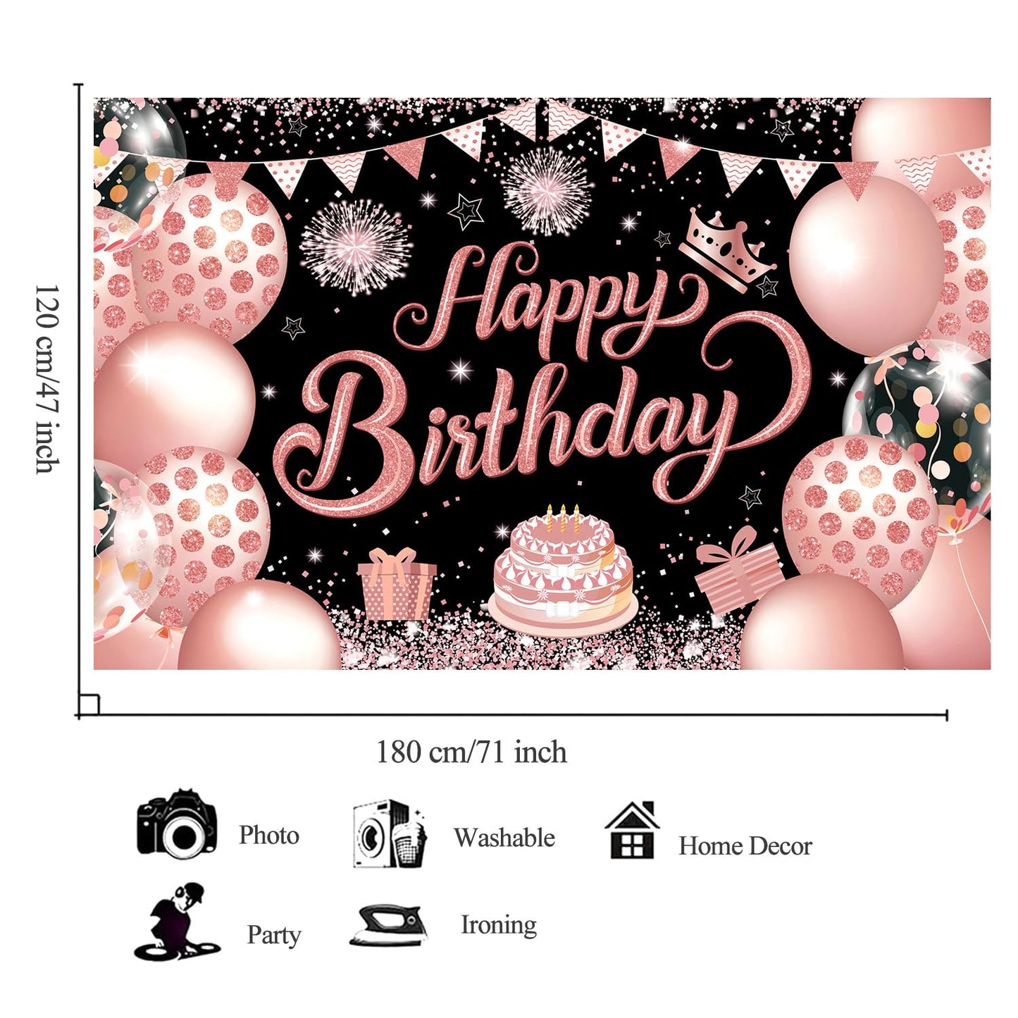 YinQin 180x120 cm Black Rose Gold Happy Birthday Party Backdrops Cloth 71x47 in. Glitter Rose Gold Birthday Photography Backgrou