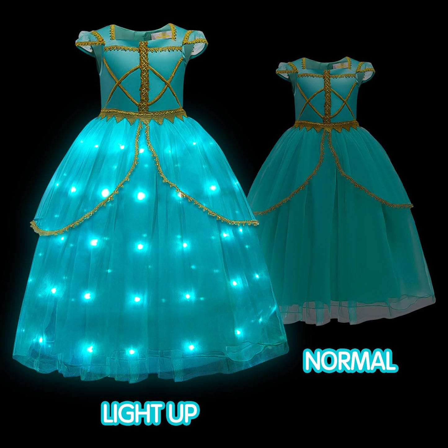 Uporpor Light Up Princess Dress Up Clothes Costume For Girls Halloween Kids Princess Cosplay Party Supply For Christmas, Blue Green, 120