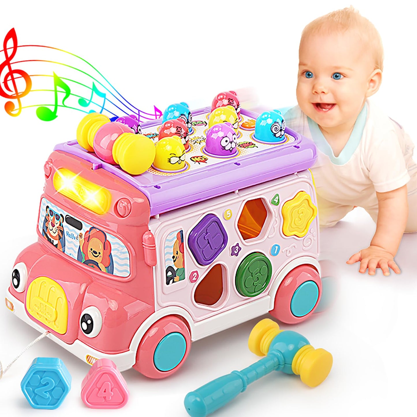 Music Activity Bus Baby Toy, Infant Education Learn Car, Sound & Light, Interactive Game, Shape Sorter, Animal Matching, Holiday Birthday Present For Toddler Kid Boy Girl 3 4 5 6 7 Years (Pink)