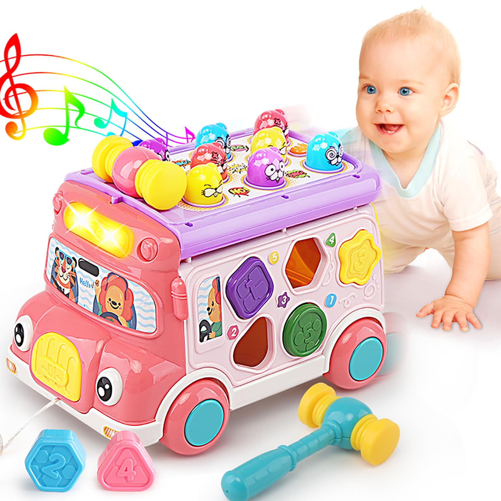 Music Activity Bus Baby Toy, Infant Education Learn Car, Sound & Light, Interactive Game, Shape Sorter, Animal Matching, Holiday Birthday Present For Toddler Kid Boy Girl 3 4 5 6 7 Years (Pink)