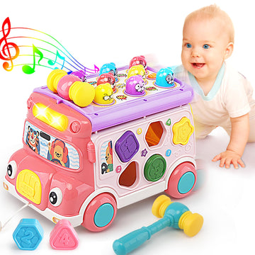 Music Activity Bus Baby Toy, Infant Education Learn Car, Sound & Light, Interactive Game, Shape Sorter, Animal Matching, Holiday Birthday Present For Toddler Kid Boy Girl 3 4 5 6 7 Years (Pink)