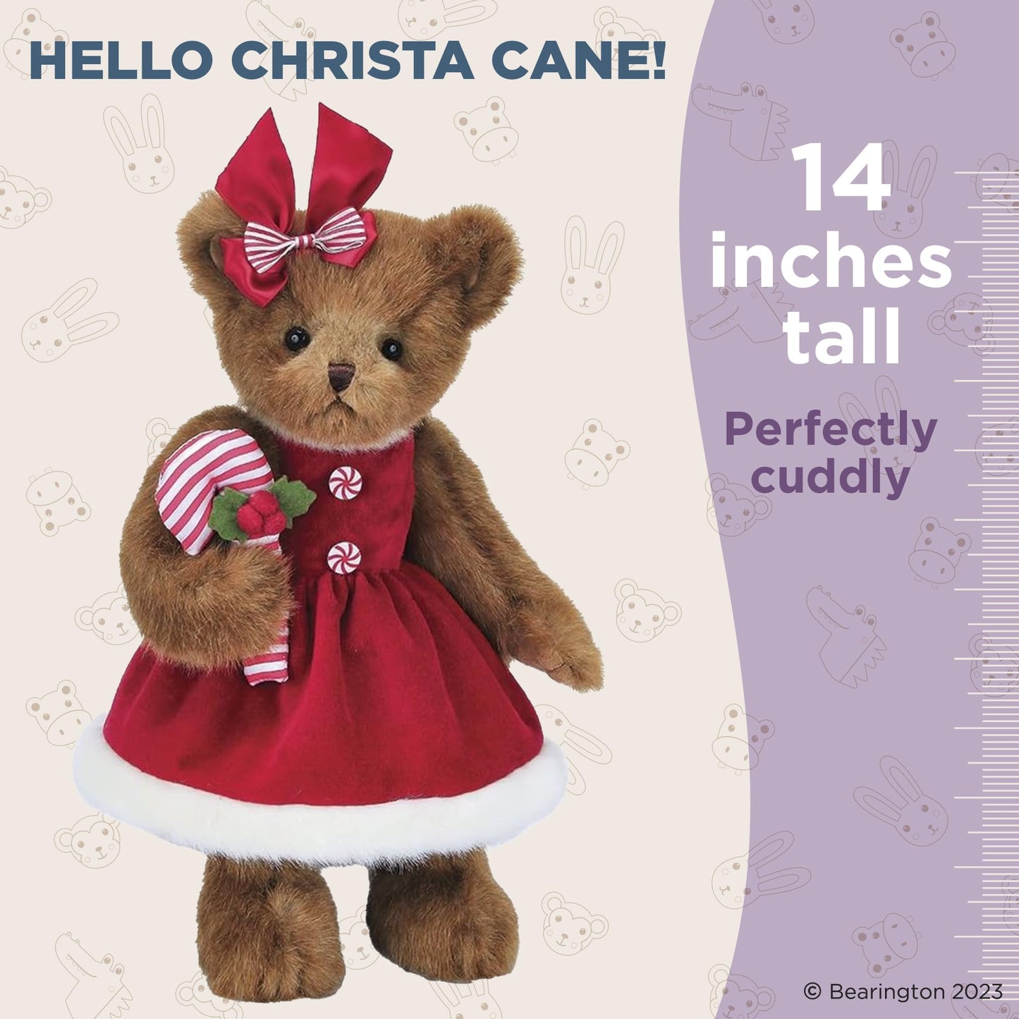 Bearington Collection Christa Cane Christmas Bear Stuffed Animal, 14 Inch, Teddy Bear Plush, Christmas Gift For Kids