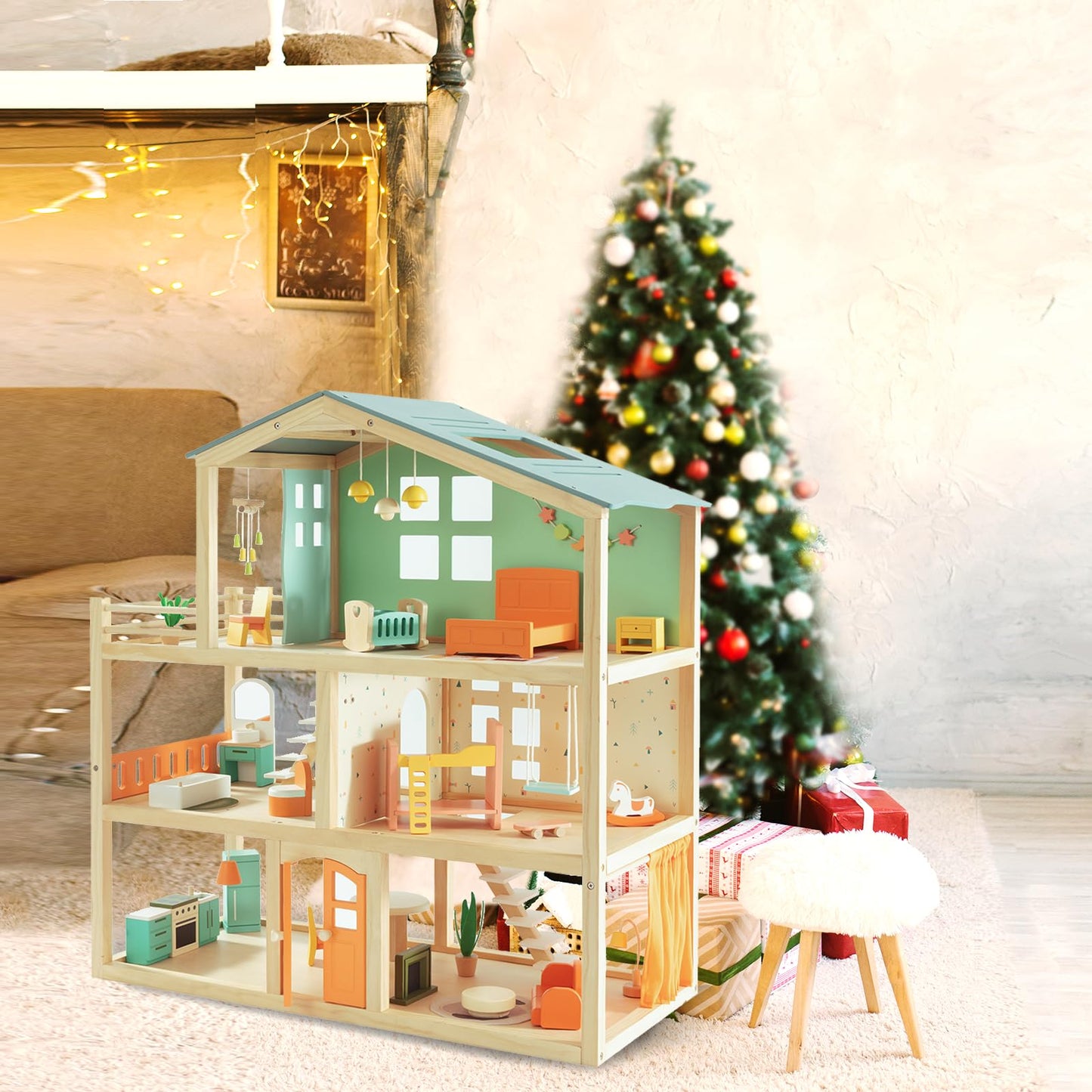 Large Wooden Dollhouse For Girls With 32 Pcs Furniture Accessories, 3-Story Doll House 5 Rooms Balcony Wooden Stairs, Ideal Dollhouse Playset Toy For Kids Ages 3+, 30' X 28' X 13'