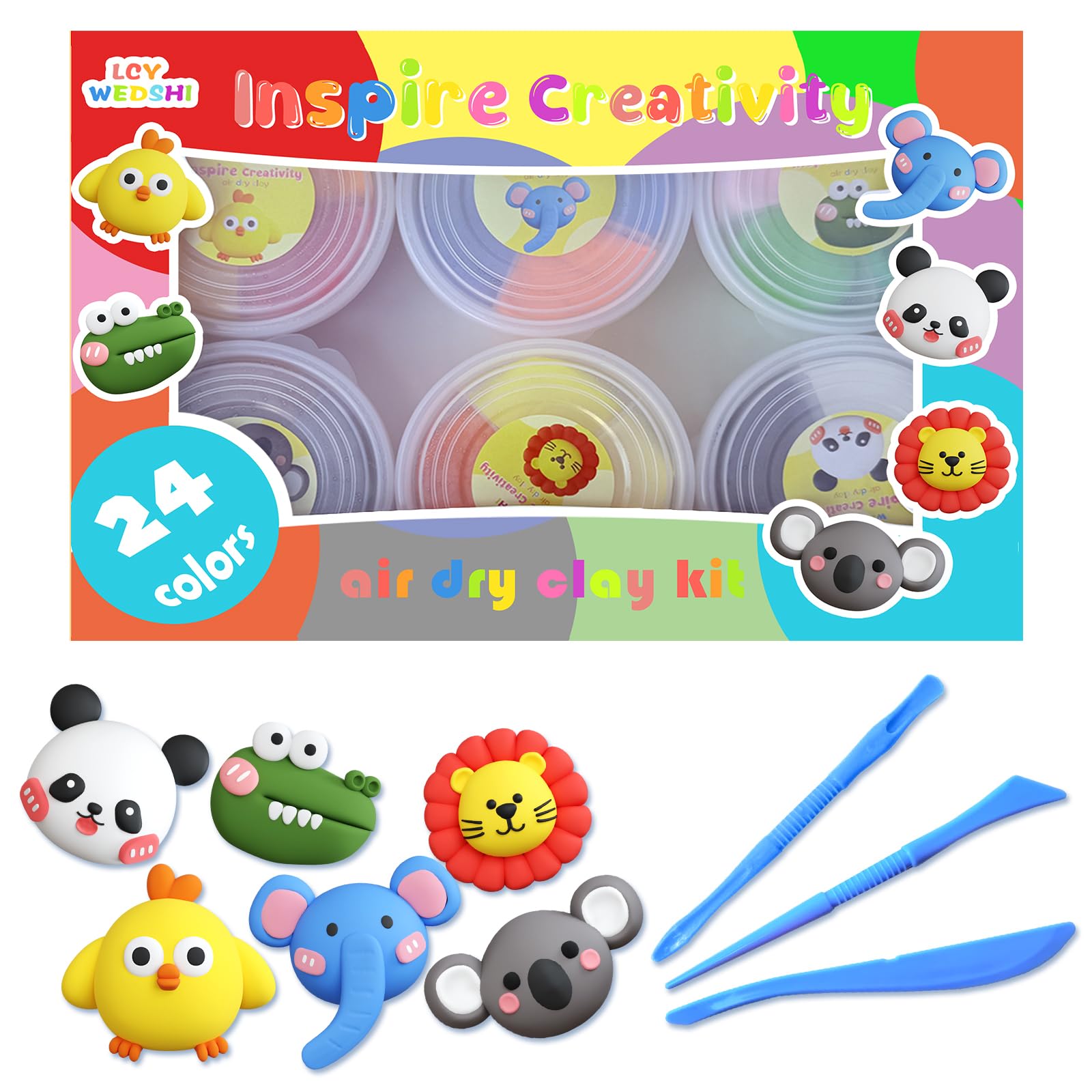 LCY WEDSHI Air Dry Clay Kit for Kids, DIY Model Magic Clay, 24 Colors Animal Modeling Clay with Sculpting Tools, Ultra Light & S