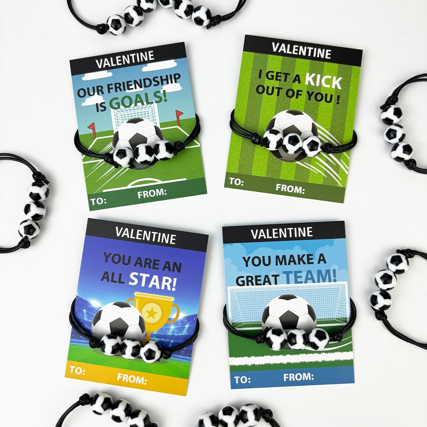Soccer Valentines Day Classroom Exchange Gifts for Kids,30 Pack Sports Bracelets with Cards for Boys Girl,Valentine Party Favors