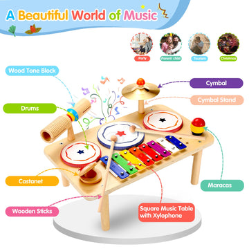 Kids Drum Set, Baby Musical Instruments Toys For Toddlers, 9 In 1 Wooden Xylophone Toddler Drum Set Percussion Instruments Musical Toys Birthday Gifts For Children Boys And Girls