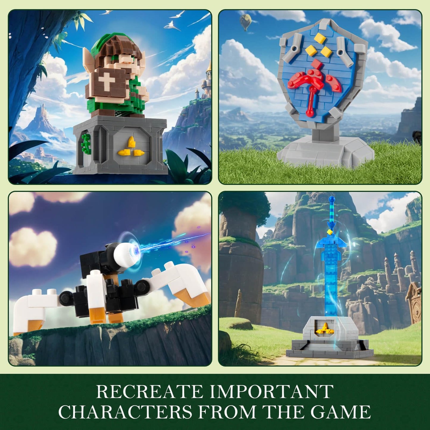 Finger Rock 4-in-1 Link Building Set, Master Sword & Hylian Shield, 1200 PCS, Green, Plastic, 3"x2"x4.02" - Game Action Figure