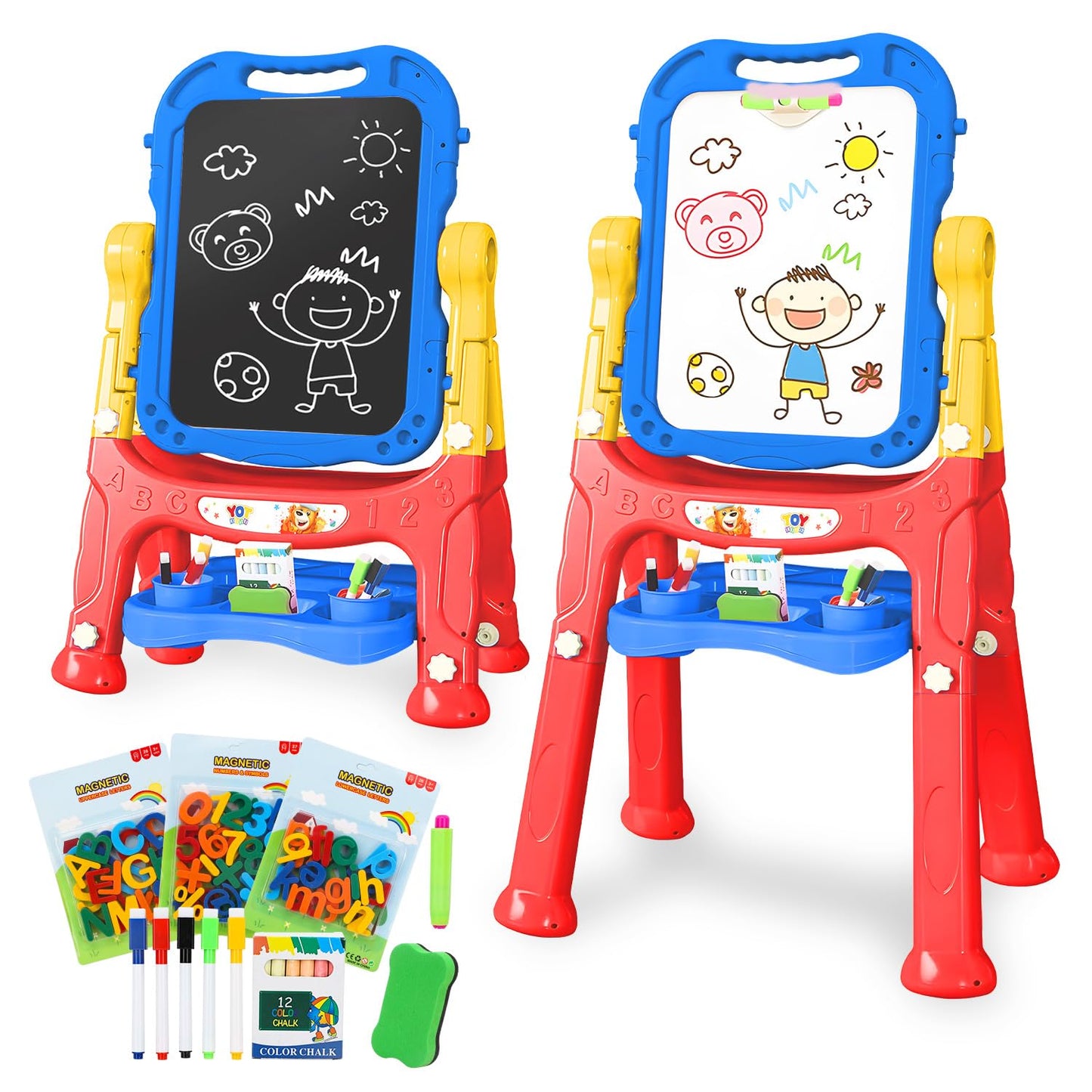 TOY Life Easel for Kids Art Easel for Toddler Easel - 4in1 Double-Sided Large Magnetic Board Kids Chalkboard Easel Drawing White