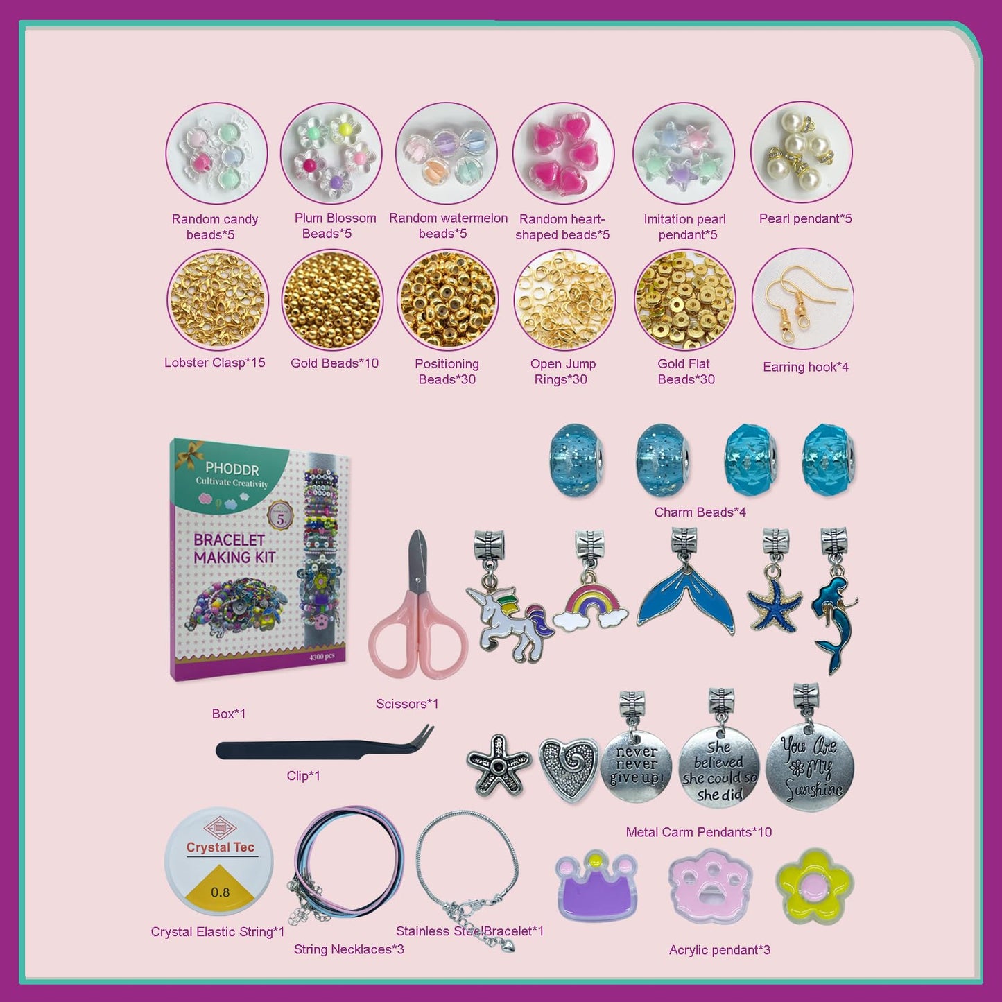PHODDR 4300pcs Beads Bracelet Making Kit ,Beads for Jewelry Making Kit Supplies, Friendship Bracelet kit, Birthday Christmas Gif