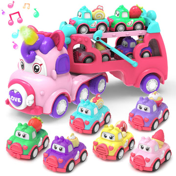 seveclotree Toddler Girl Toys,Toys for 1 2 3 Year Old Girl,7-in-1 Carrier Truck Cars Toys for Girls, Princess Toy with Light & S