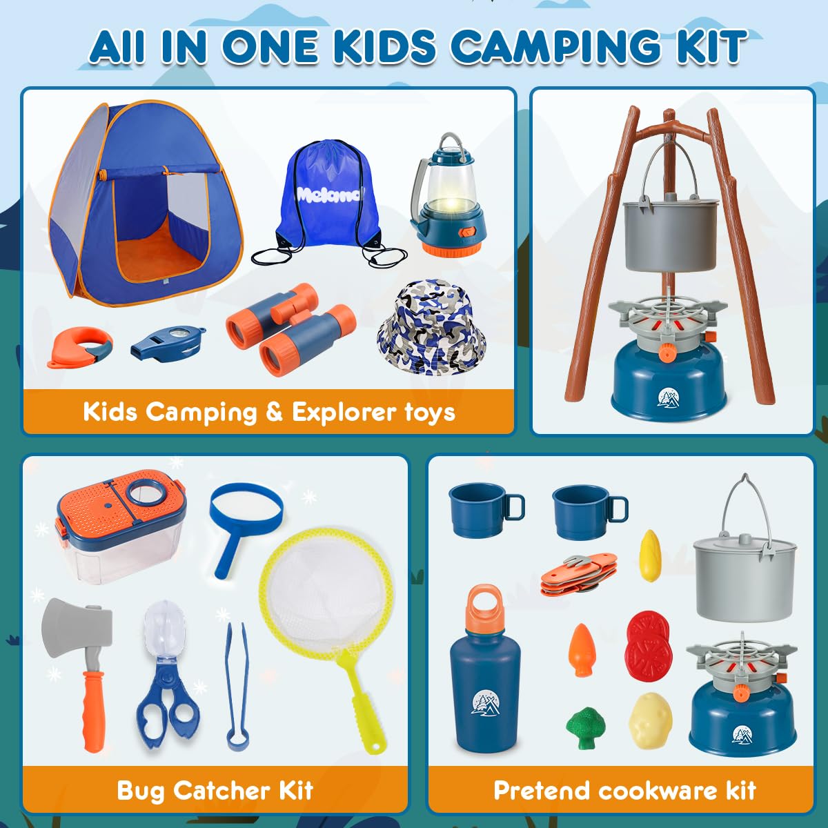 Meland Kids Camping Set - Blue Tent & Outdoor Toy for Toddlers, Pretend Play Gear, Perfect Birthday Gift