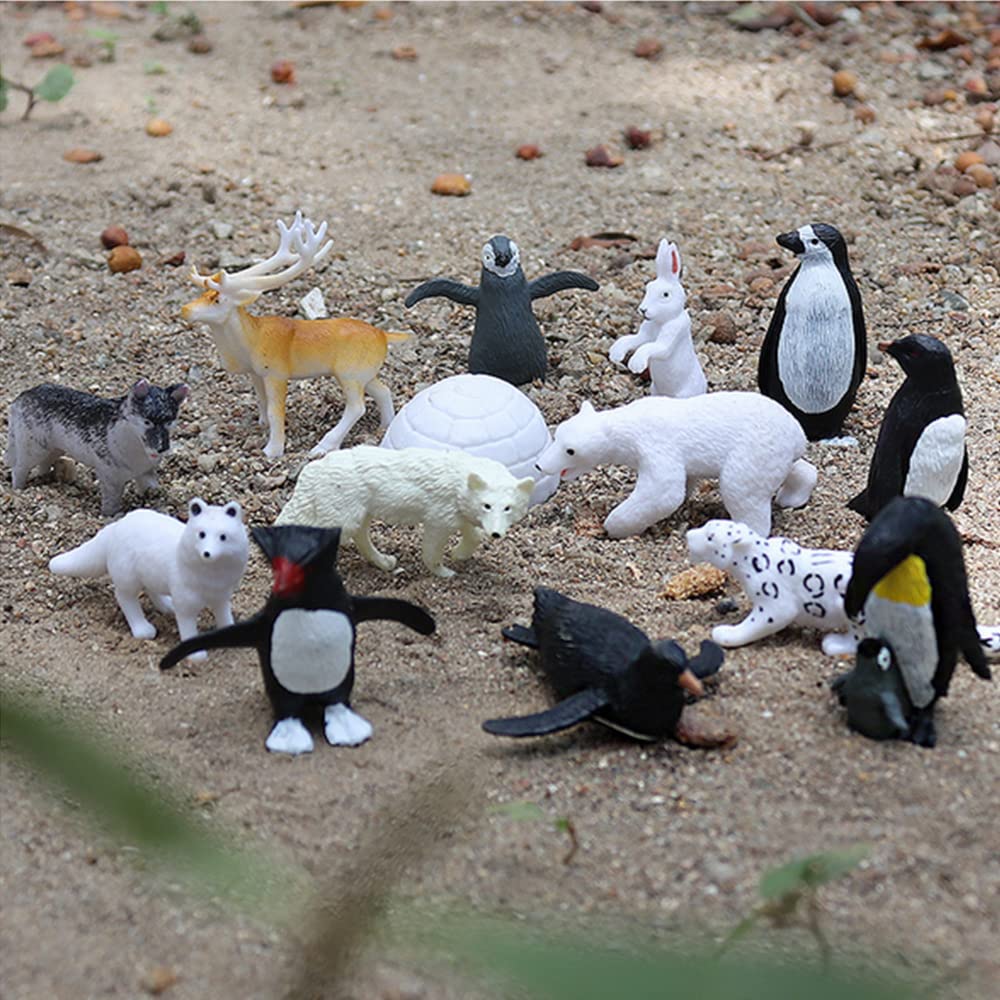 Oukeyi 14Pcs Realistic Polar Animals Figurines Toy Mini Arctic Animals Toys Set 1-2 Inch Plastic Arctic Tundra Deer Toy Animal Small White Bear Arctic Fox Kids Diorama Birthday Gift