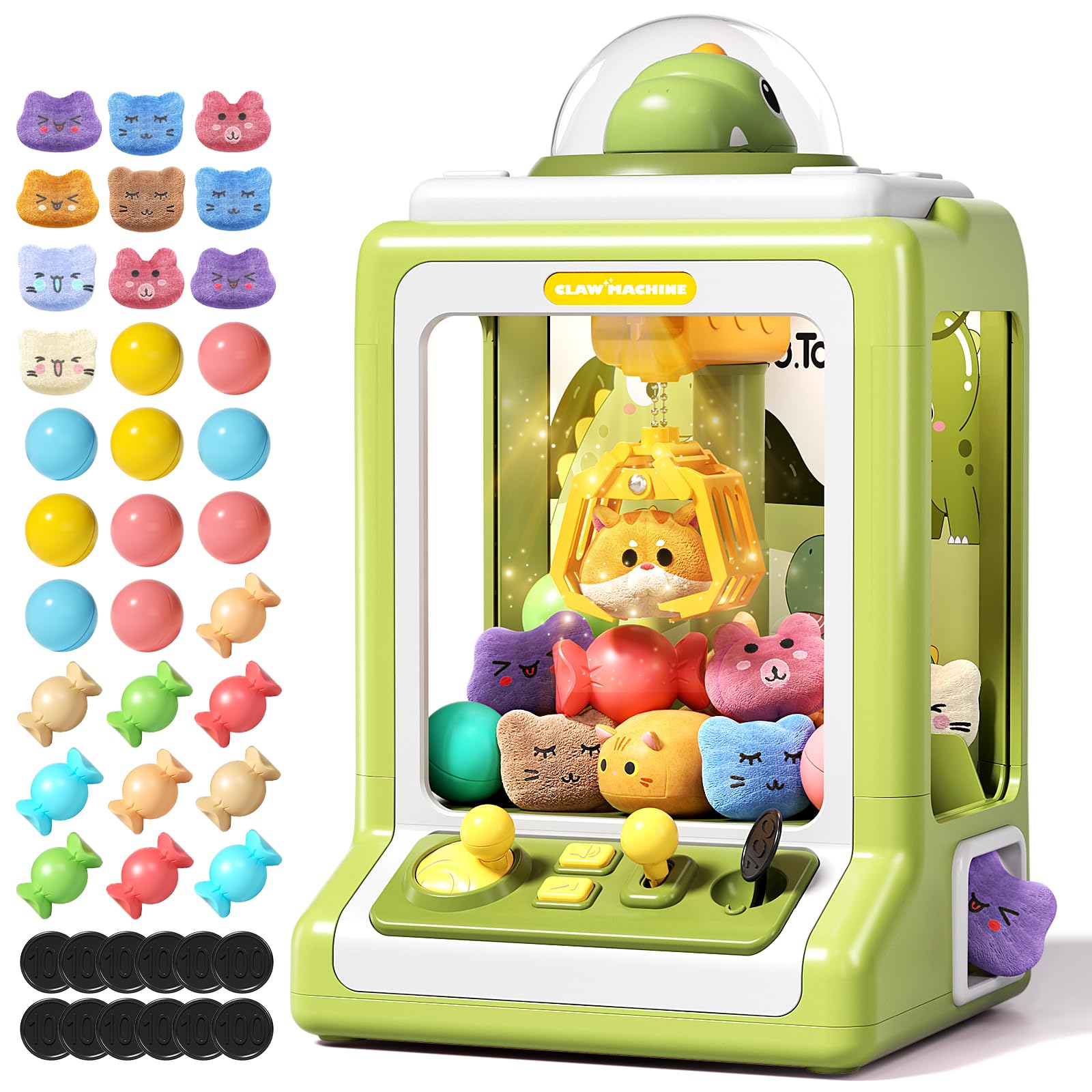 Claw Machine For Kids, Mini Vending Machine With Game Coins & Music, Prize Dispenser Toys For Girls And Boys, Electronic Claw Game Machine For Party Birthdays, Includes 30 Mini Toys (Dinosaur)