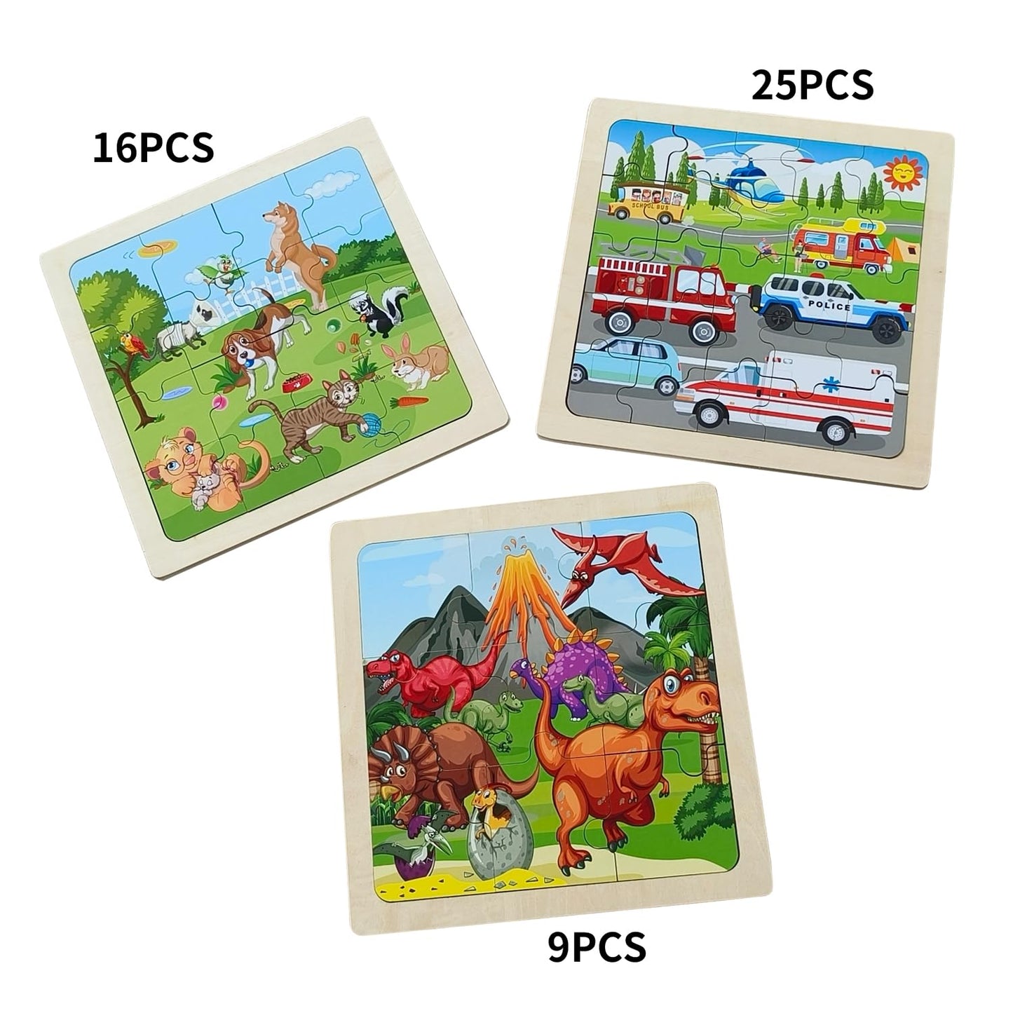 Wooden Jigsaw Puzzle Set Of 3 Pcs, Dino Pets Vehicles Level Up Puzzles Difficulty From 9 Pcs To 16 Pcs 25 Pcs Educational Presch