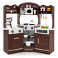 HONEY JOY Corner Play Kitchen, Toddler Wooden Toy Kitchen Set w/Lights, Coffee Maker, Microwave, Sink, Faucet, Little Chef Prete