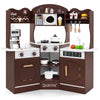 HONEY JOY Corner Play Kitchen, Toddler Wooden Toy Kitchen Set w/Lights, Coffee Maker, Microwave, Sink, Faucet, Little Chef Prete