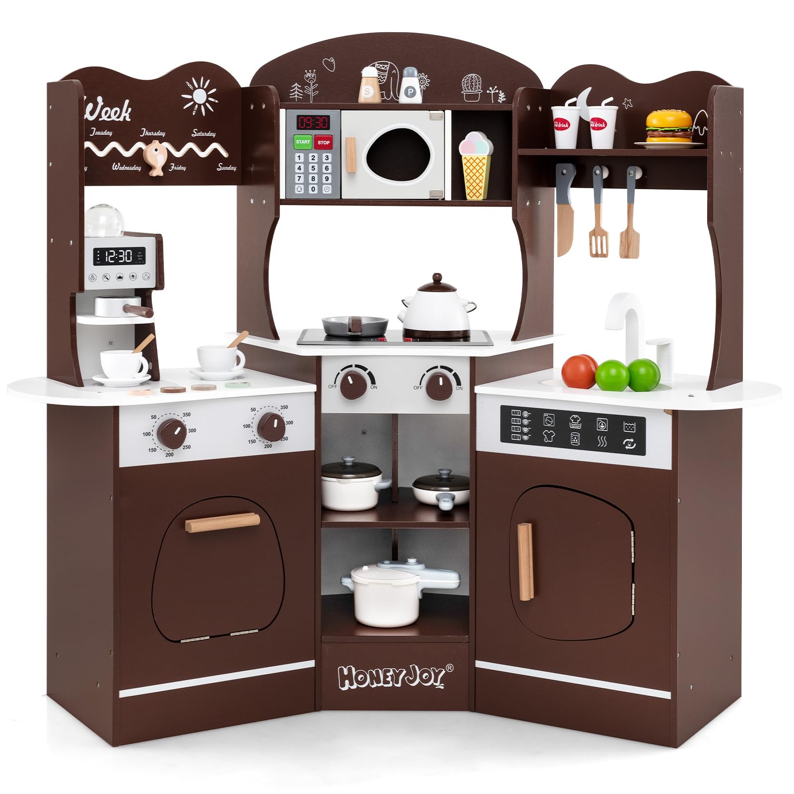 HONEY JOY Corner Play Kitchen, Toddler Wooden Toy Kitchen Set w/Lights, Coffee Maker, Microwave, Sink, Faucet, Little Chef Prete