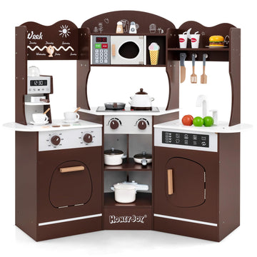 HONEY JOY Corner Play Kitchen, Toddler Wooden Toy Kitchen Set w/Lights, Coffee Maker, Microwave, Sink, Faucet, Little Chef Prete
