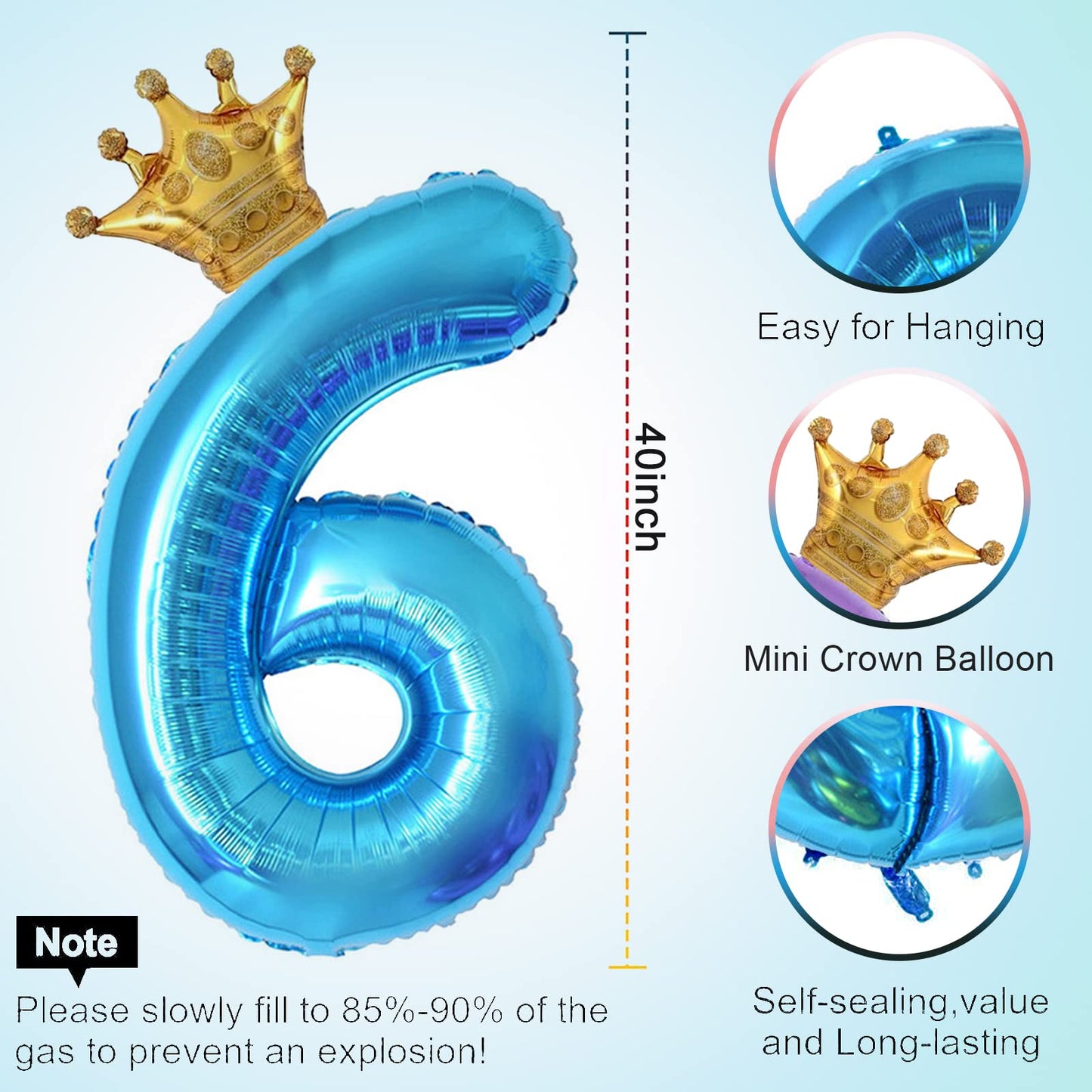 40 Inch Light Blue Number 6 And Mini Crown Balloon For 6Th Birthday Party Decorations, Light Blue Birthday Party Balloons Decora