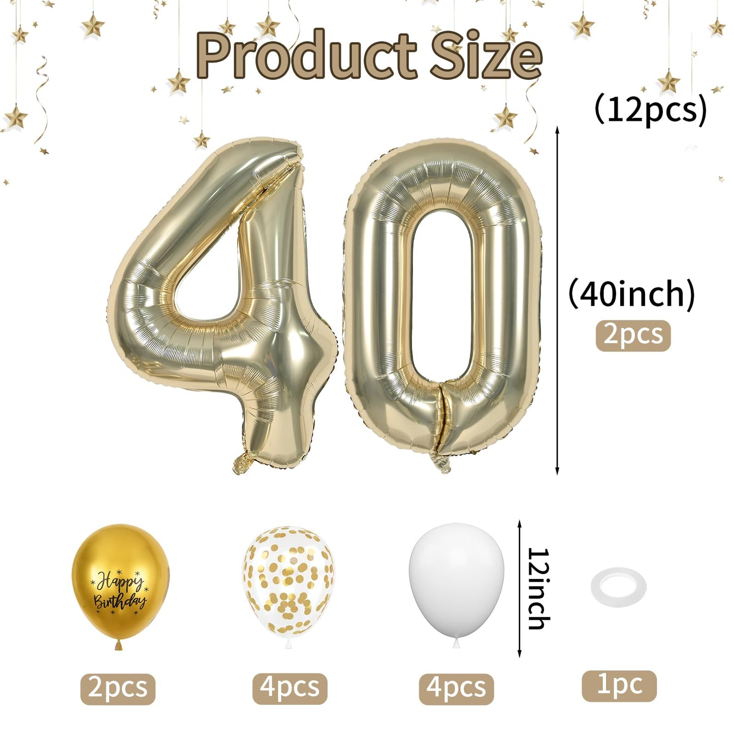 FunHot 40 Inch Light Gold Number 40 Balloon, Rubber Giant Foil Balloon for 40th Birthday Party Decorations