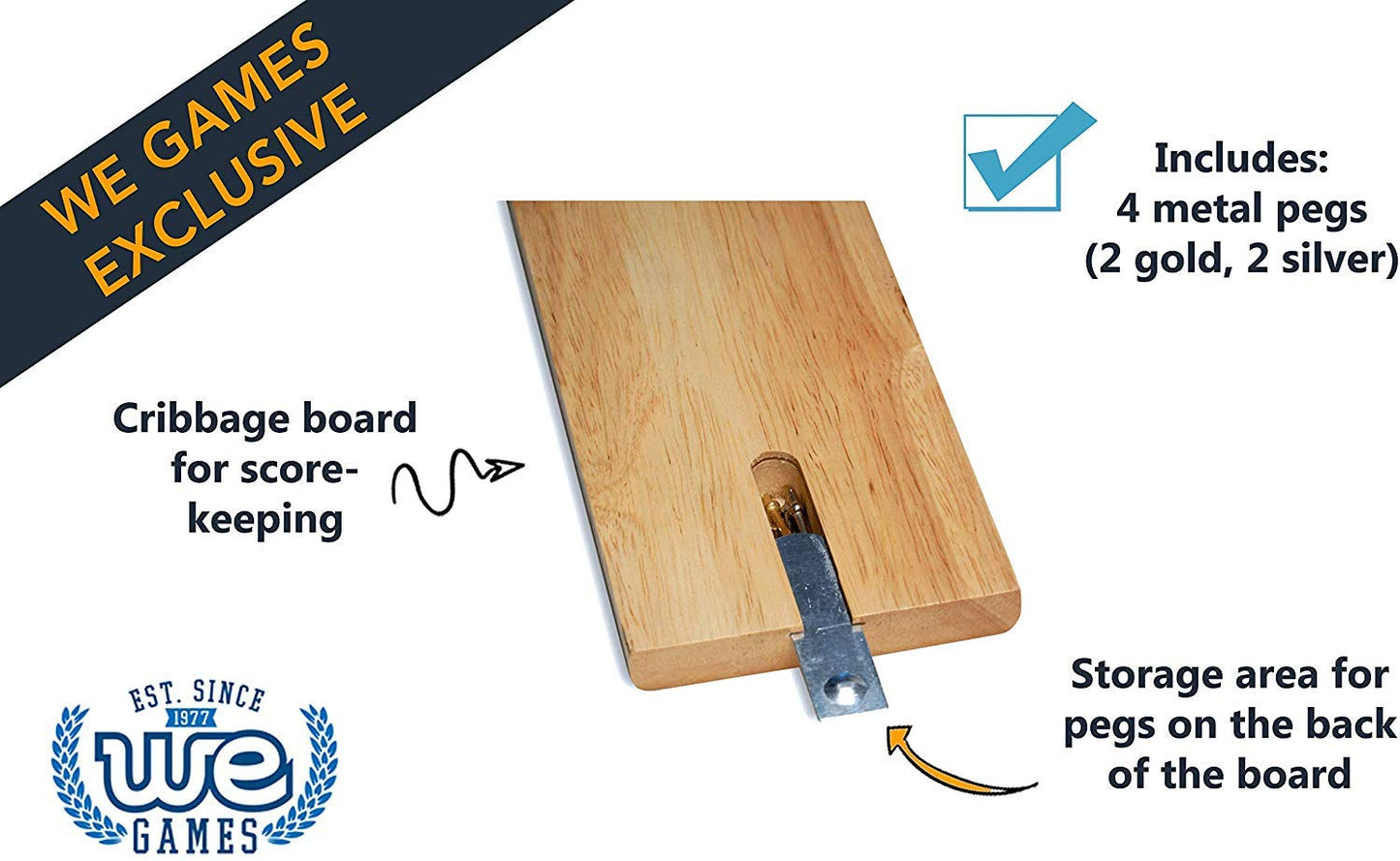We Games Competition Cribbage Set - Solid Wood Sprint 2 Track Board With Metal Pegs