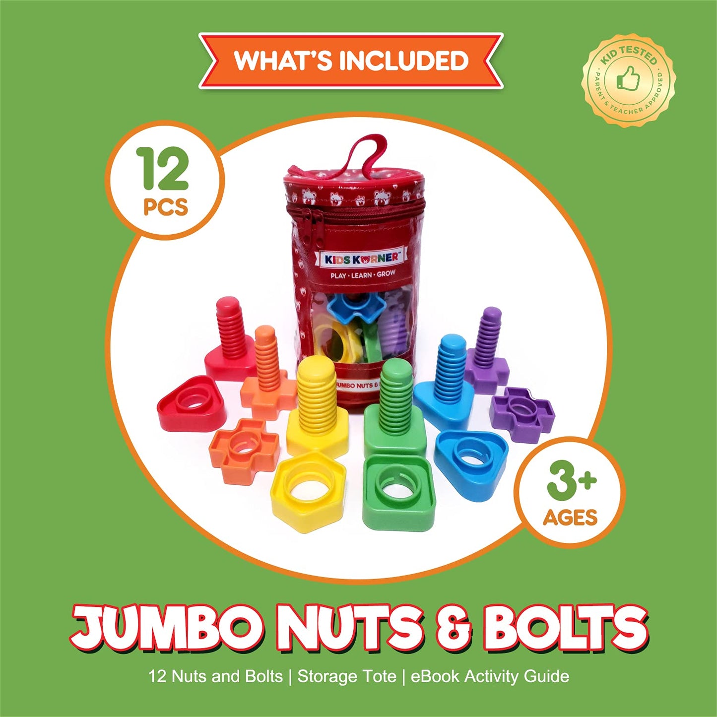 KIDS KORNER Jumbo Nuts and Bolts - Montessori Fine Motor Skills Game, 12 pcs, ABS Plastic, Rainbow Colors, Model [PO]