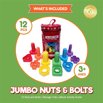 KIDS KORNER Jumbo Nuts and Bolts - Montessori Fine Motor Skills Game, 12 pcs, ABS Plastic, Rainbow Colors, Model [PO]