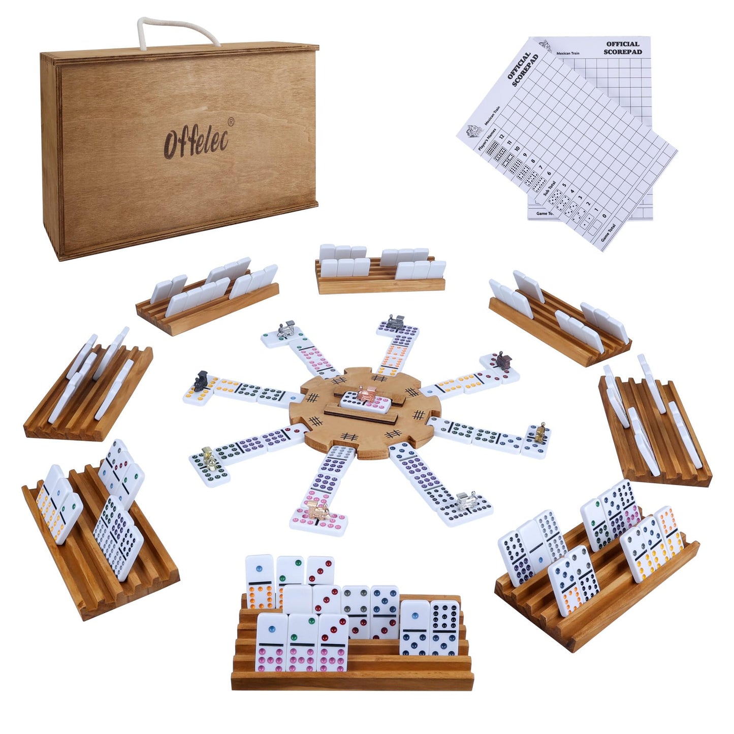 Offelec Mexican Train Double 12 Dominoes Set With Wooden Box, Domino Tile Board Games With 8Pcs Trays, 9 Markers, 91 Tiles, 2 Sc