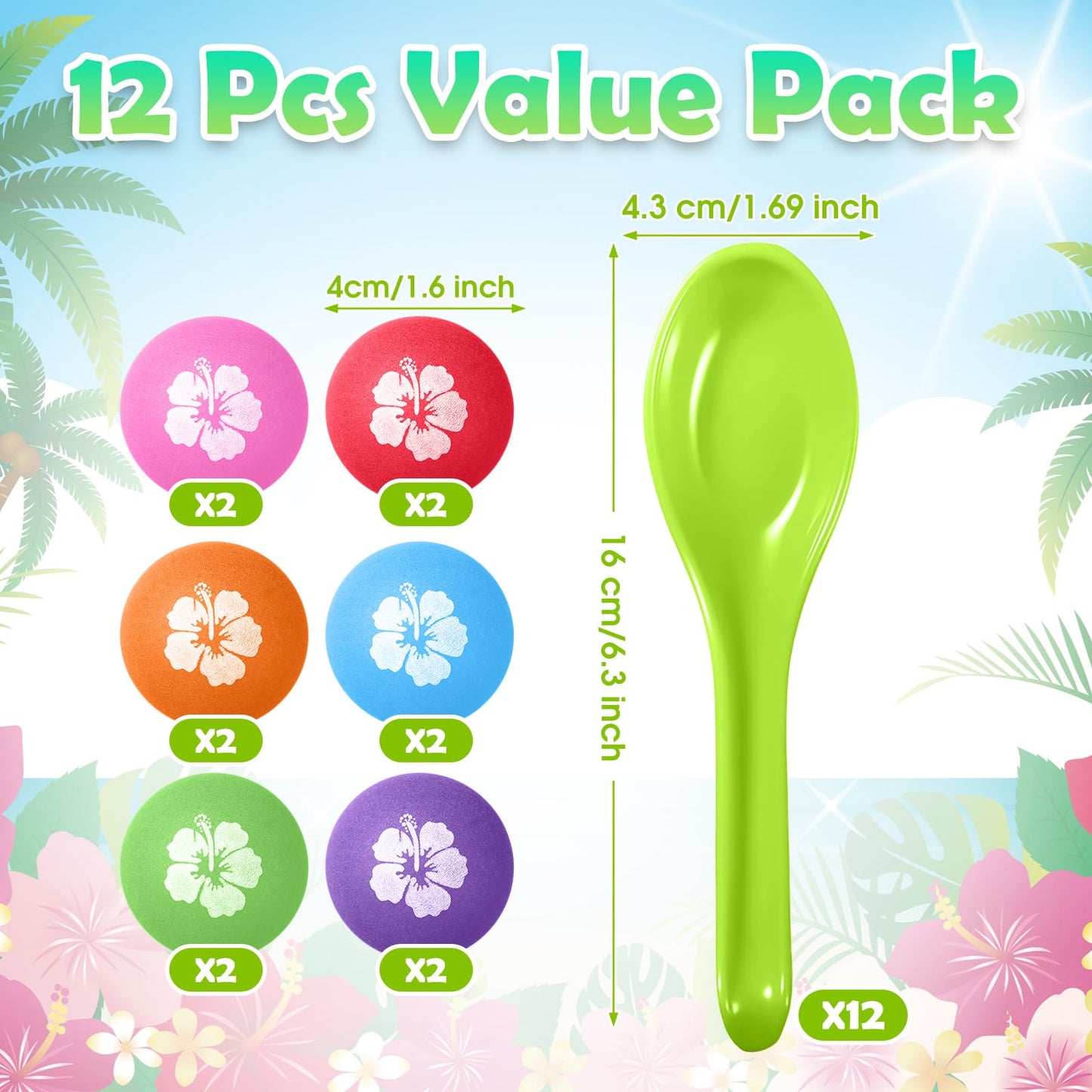 VercanMonth 12 Pcs Luau Games Hawaiian Spoon Race Games Toy Set Luau Party Favors Tropical Summer Birthday Party Themed Ball and