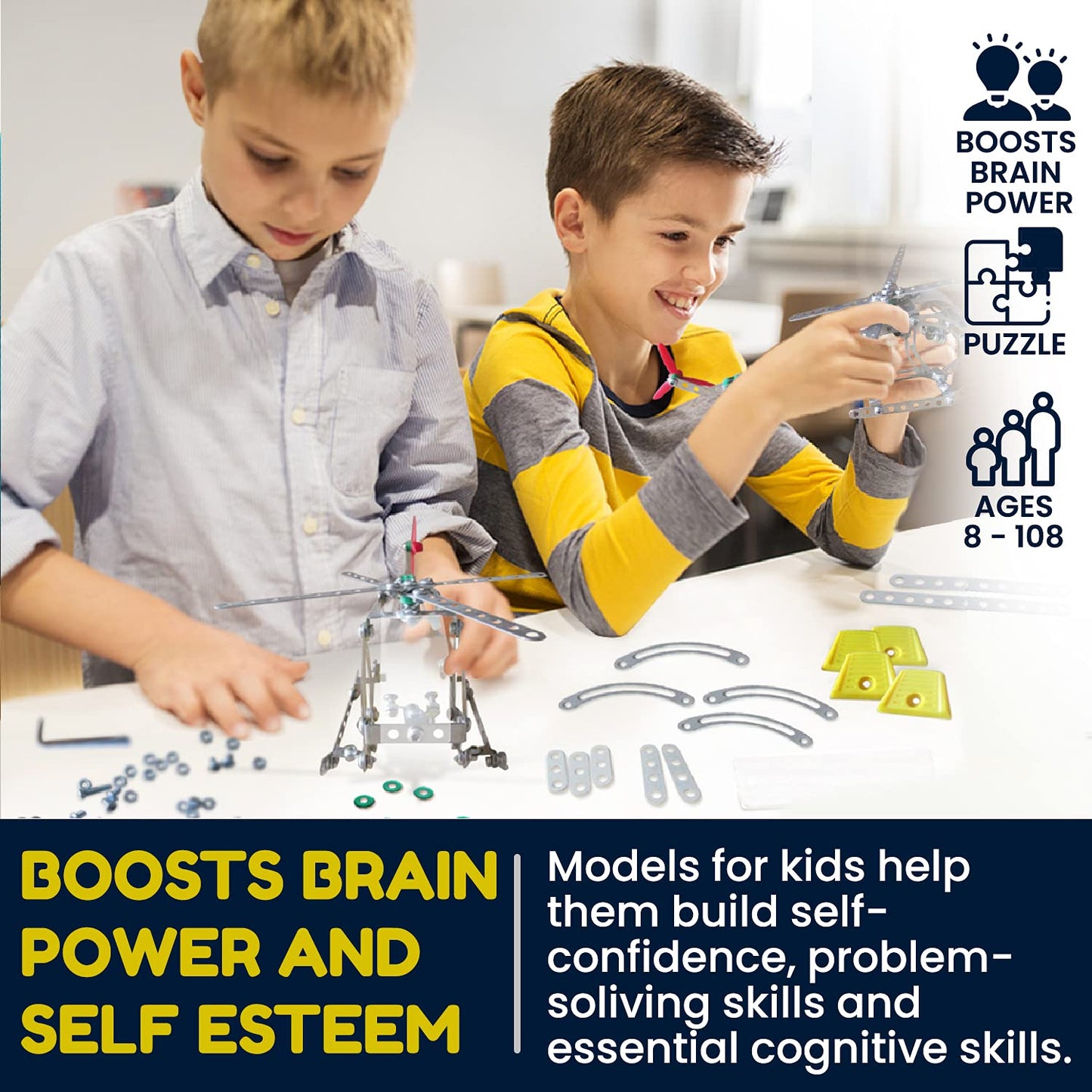 3 Bees & Me Metal Helicopter Erector Set | STEM Building Kit for Ages 8+ | Educational Gift | Multicolor