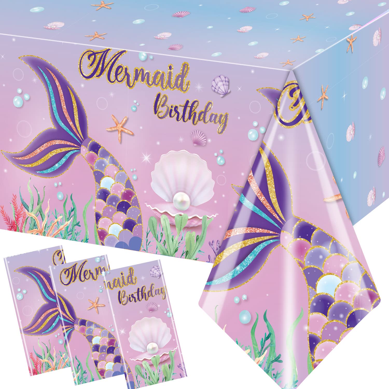 Grehumor 3Pcs Mermaid Tablecloth Birthday Supplies Party Gifts For Girl The Little Mermaid Party Favors Disposable Plastic Table