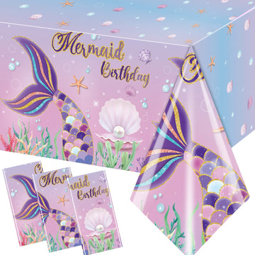 Grehumor 3Pcs Mermaid Tablecloth Birthday Supplies Party Gifts For Girl The Little Mermaid Party Favors Disposable Plastic Table