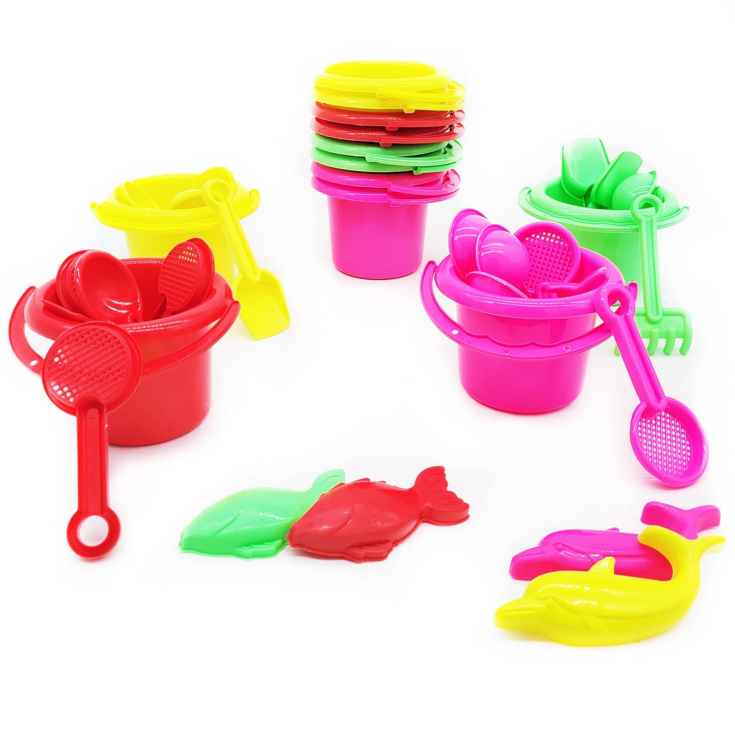 The Dreidel Company Mini Beach Day Playsets (Pack of 12) 3.25'' Sand Bucket Play Set Box Includes, Pail, Shovel, Rake, Sifter Sc