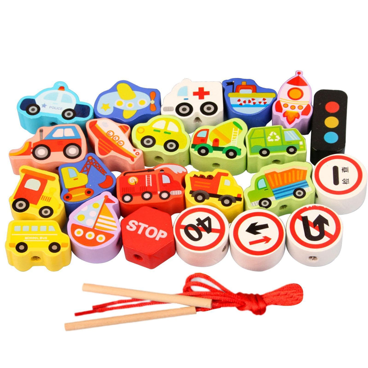 STYLEHEAVEN Wooden Bead Threading Toy Gifts Wooden Lacing Toy for Children Kids Toddlers Transportation