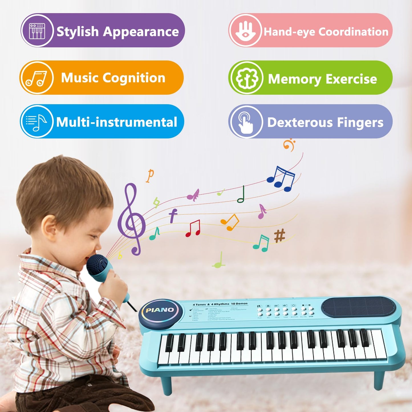 Keyboard Piano for Kid  37 Keys Baby Piano Music Keyboard with Microphone & Music Stand  Portable Instruments for Toddler 1-3  Beginners Electric Educational Birthday Gift for Boy Girl Age 2 3 4