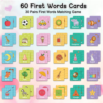 First Words Memory Game, Memory Games For Kids Ages 4-8, Matching Games For Toddlers 3-5, 60 Flash Cards Phonics Games, Memory C
