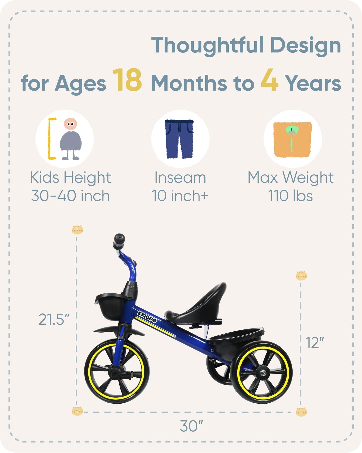 Kriddo Kids Tricycles Age 24 Month To 5 Years, Toddler Kids Trike For 2.5 To 5 Year Old, Gift Toddler Tricycles For 2 - 4 Year O