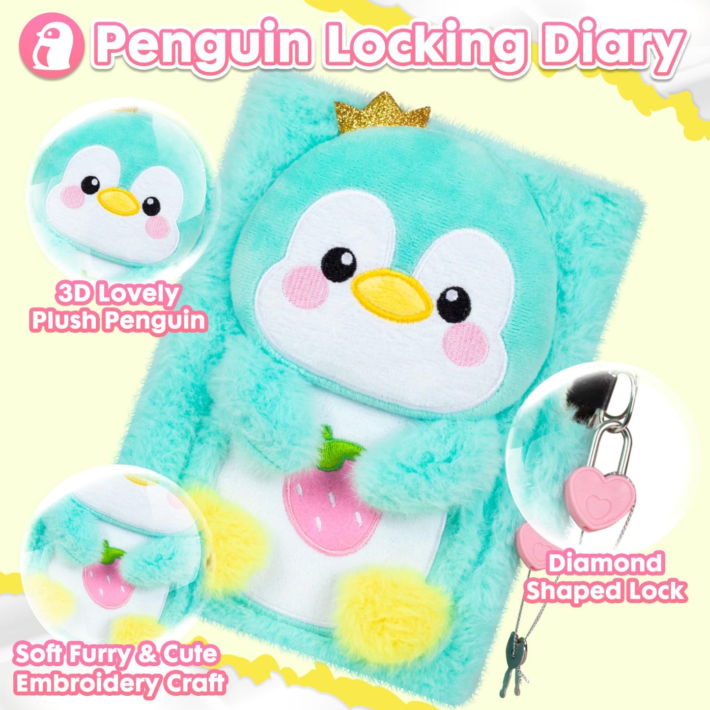 Penguin Diary For Girls With Lock, Plush Penguin Toys Gift For Teen Girls, Kids Writing Journal Notebook, Birthday Gifts For Little Girls Ages 5 6 7 8 9 10-12 Year Old