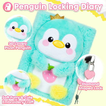 Penguin Diary For Girls With Lock, Plush Penguin Toys Gift For Teen Girls, Kids Writing Journal Notebook, Birthday Gifts For Little Girls Ages 5 6 7 8 9 10-12 Year Old