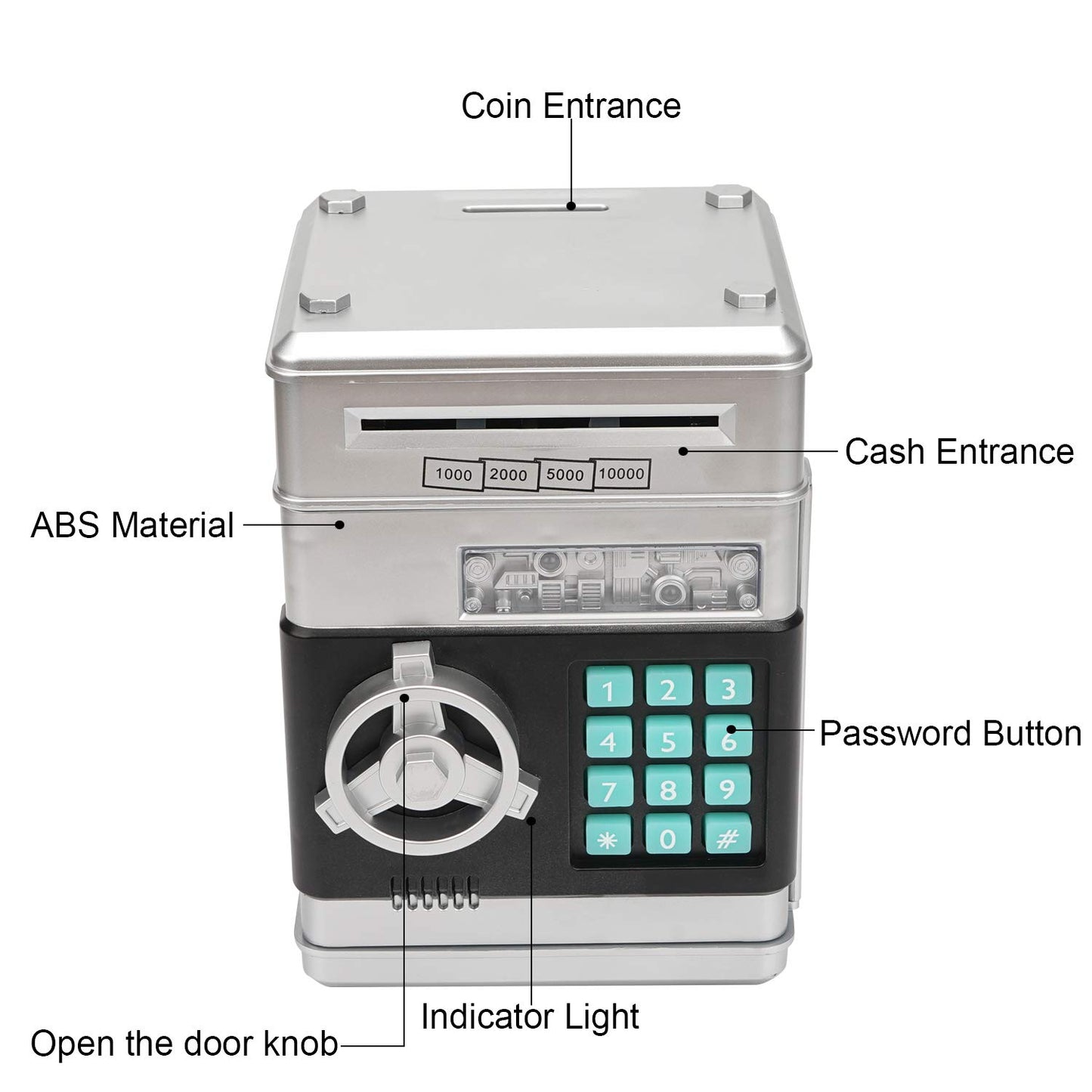 Adevena Electronic Piggy Bank, Mini Atm Password Money Bank Cash Coins Saving Box For Kids, Cartoon Safe Bank Box Perfect Toy Gifts For Boys Girls (Silvery)