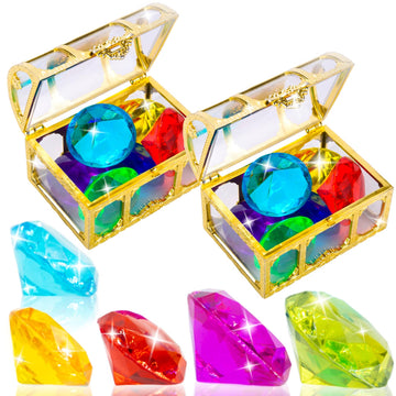 Hercugifts 2 Pack Diving Toys Colorful 6 Big Gems Sets With Treasure Pirate Box Summer Swimming Gem Pool Toys Treasures Gift Sets (Golden)