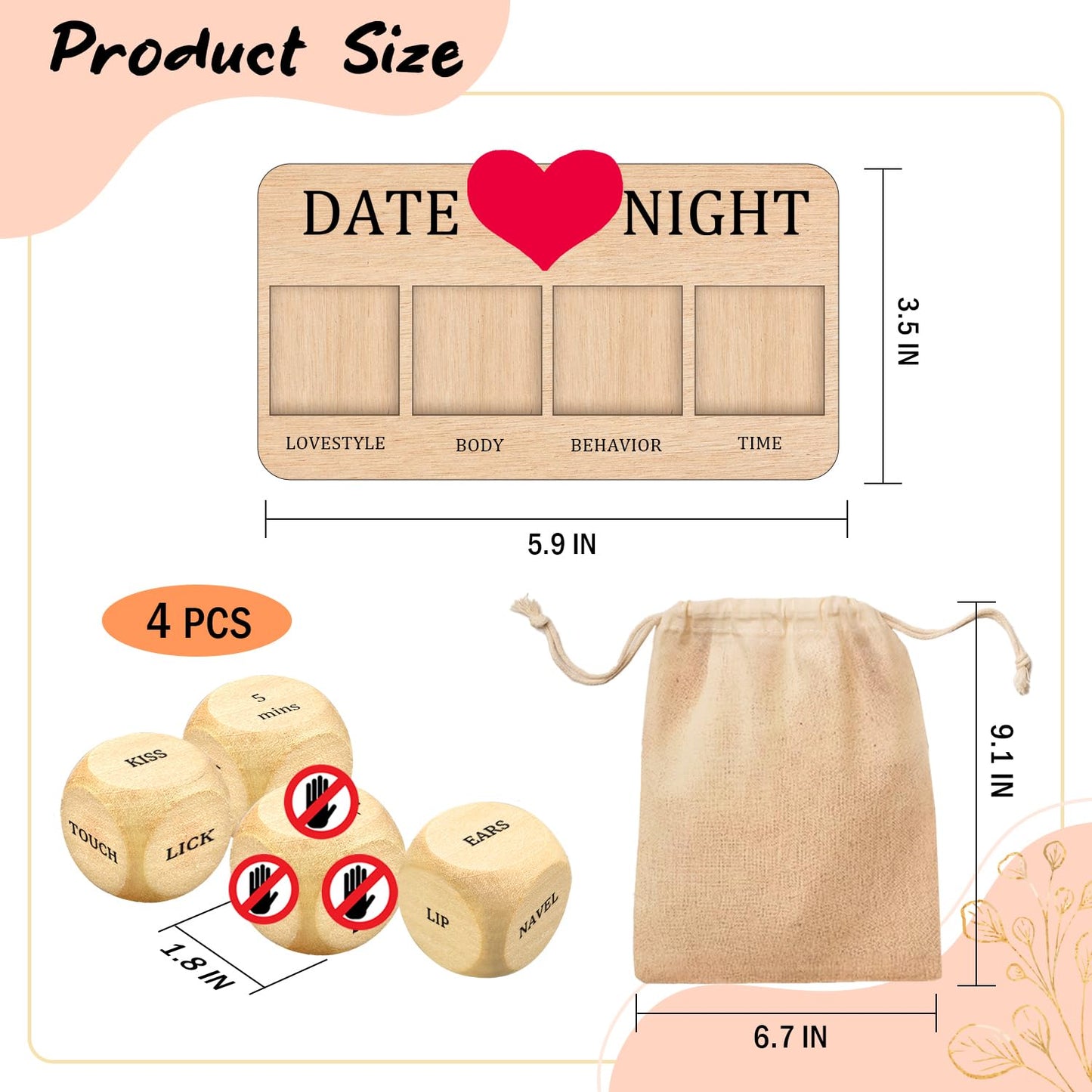 4PCS Date Night Funny Dice, Love Decision Dice, Body Touch Dice, Time Decision Making Dice for Couples, Wooden Dice Set Gifts fo