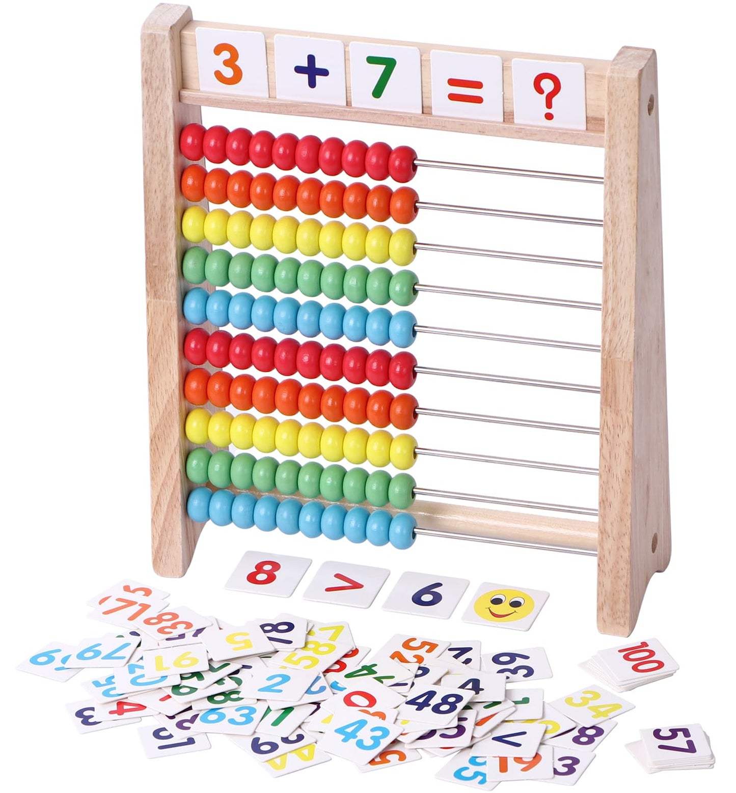 Educational Abacus for Kids Math - 10 Row Wooden Counting Frame with Number 1-100 Cards - Teach Counting  Addition and Subtraction  Preschool Learning Math Toys for Boys Girls Gift 3 4 5 Year Old