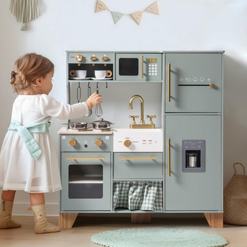 Robotime Play Kitchen For Kids Toddlers, Wooden Pretend Play Kitchen Set Toy With With Fridge, Ice Maker, Coffee Maker, Toys Kit