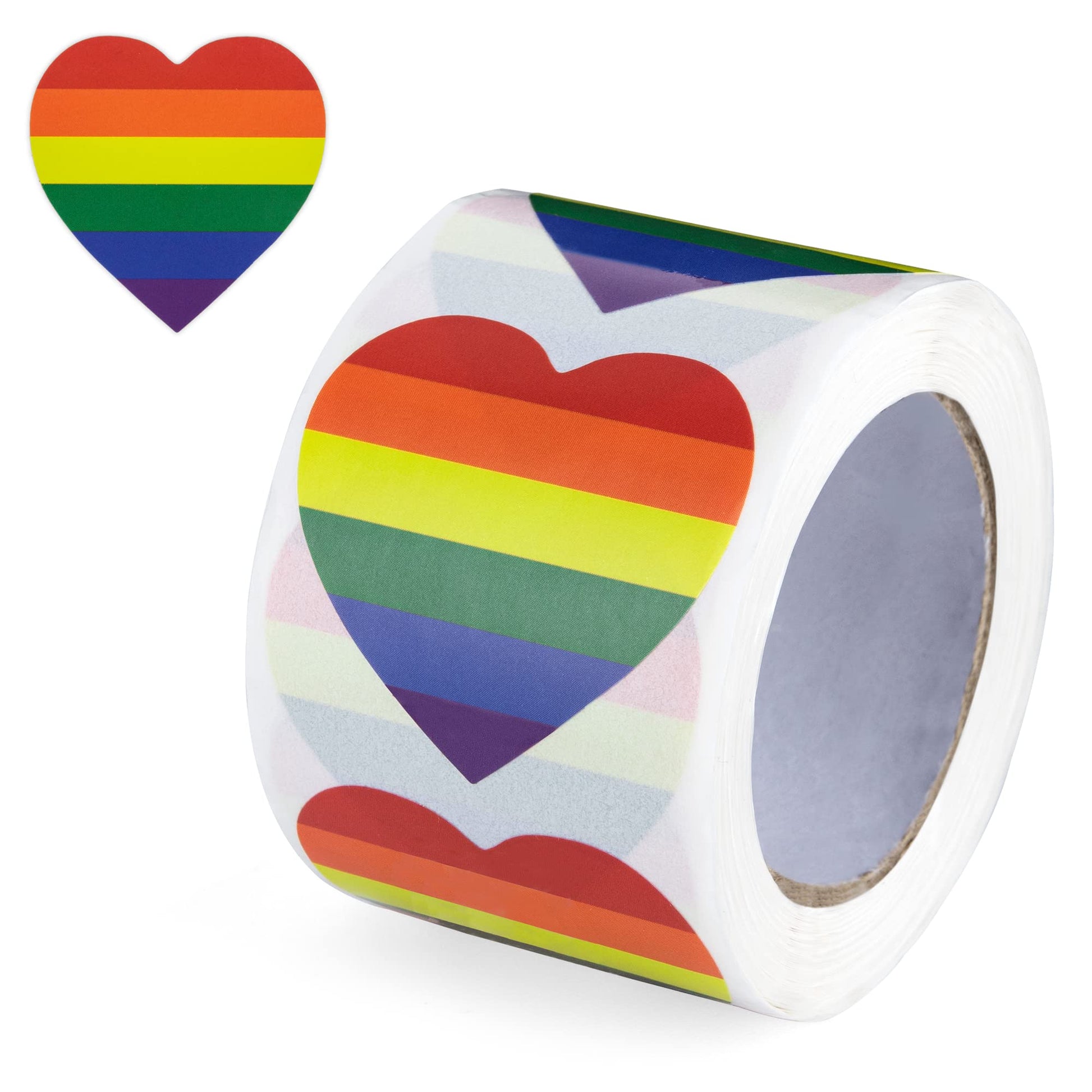 250 Rainbow Stripe Heart Stickers for LGBTQ Pride Parades and Events | Rainbow Flag Heart Shaped Stickers on a Roll