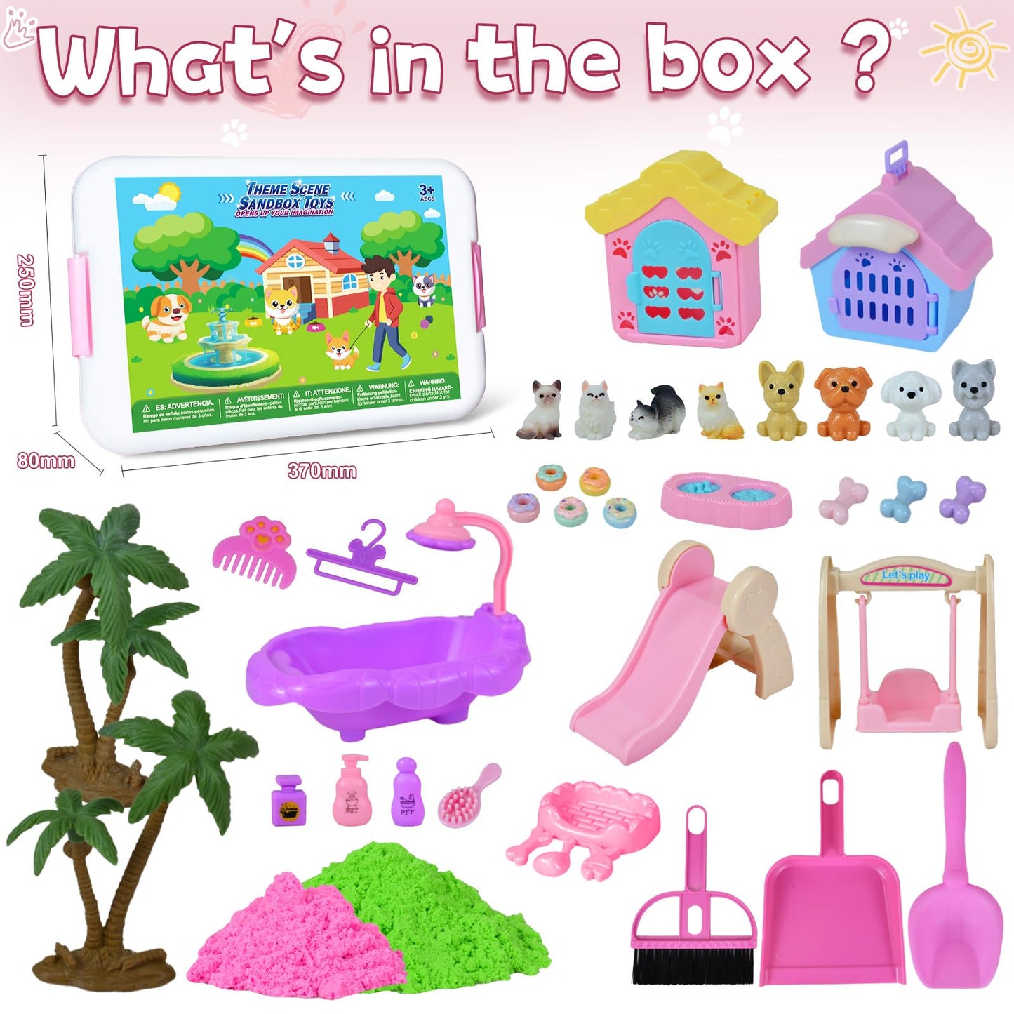 Pet Sensory Bin, Cat and Dog Sensory Bin for Toddlers Kids, Sensory Play Sand Art Kit Set with Sandbox & Tools & Pet Care Set, I