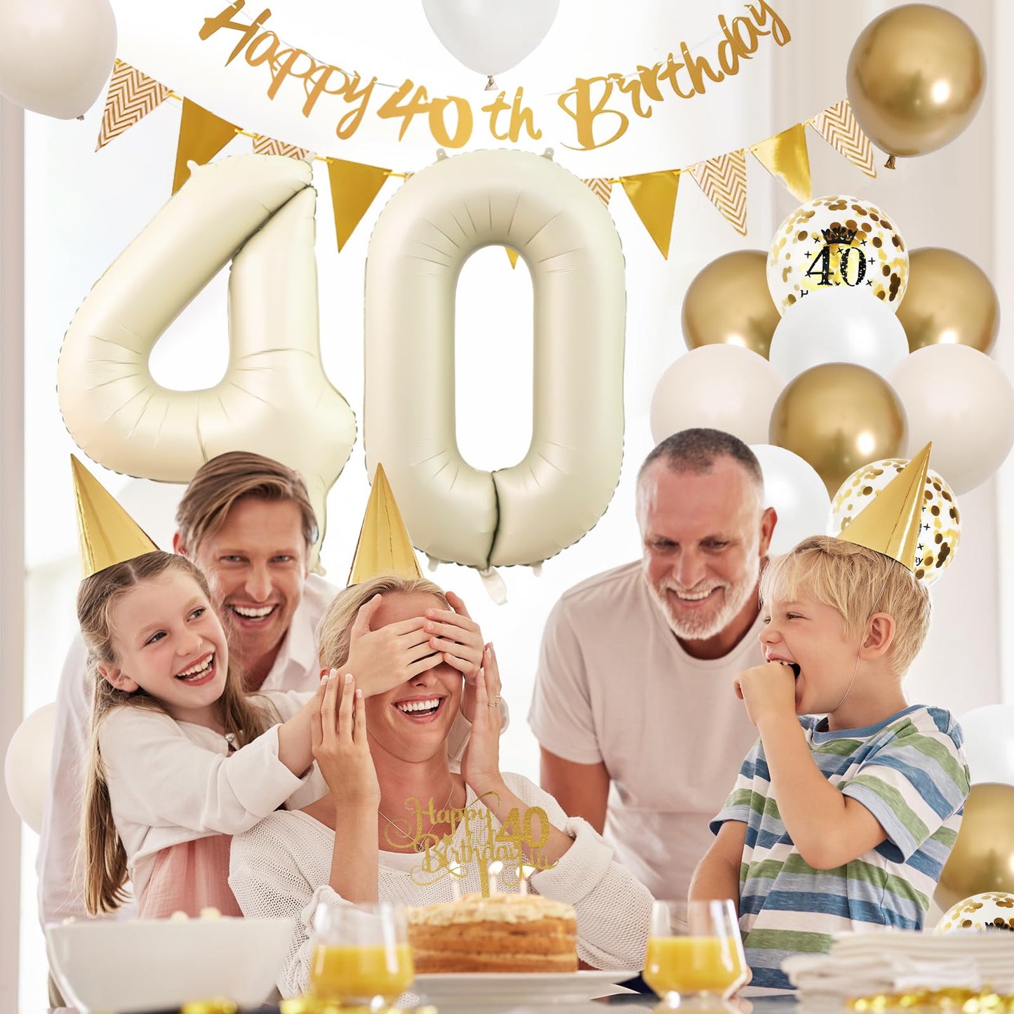 40Th Birthday Decorations Sand White Gold,40Th Birthday Balloons Beige Gold,Happy 40Th Birthday Banner With Cake Toppers Number