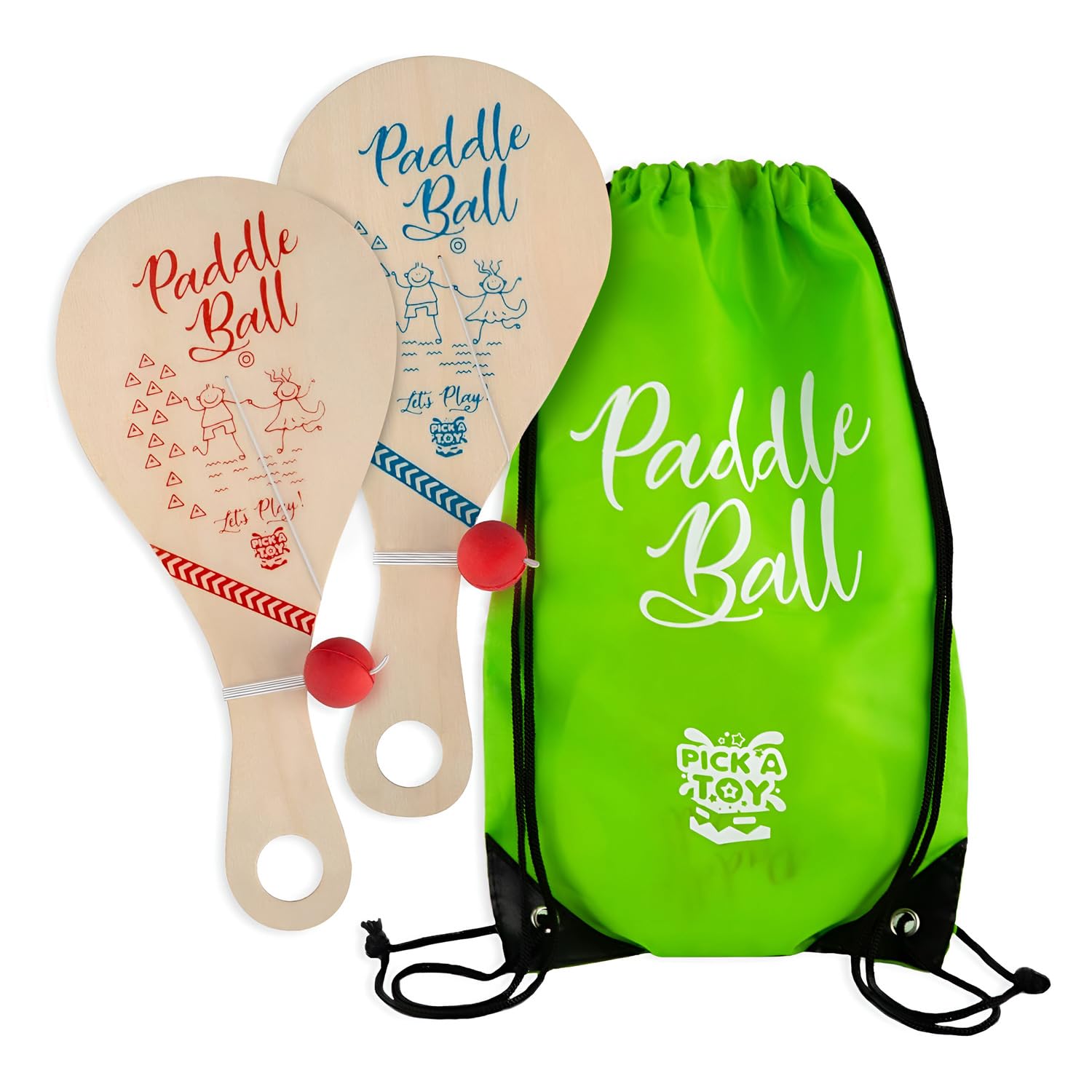 Pick A Toy Wooden Paddle Ball With String (Set Of 2) With Green Carry Bag - Indoor Outdoor Toy: Kids Fun And Classic Paddleball Game For Boys And Girls, Party Favor Toys Ages 4+