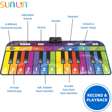 Sunlin 6 Ft. Floor Piano Mat For Kids & Toddlers, Giant Piano Mat, 24 Keys, 10 Built In Songs, 8 Instrument Sounds, Record & Playback, Song Booklet, Musical Toy Gift For Boys & Girls Age 3 4 5 6 7 8 9