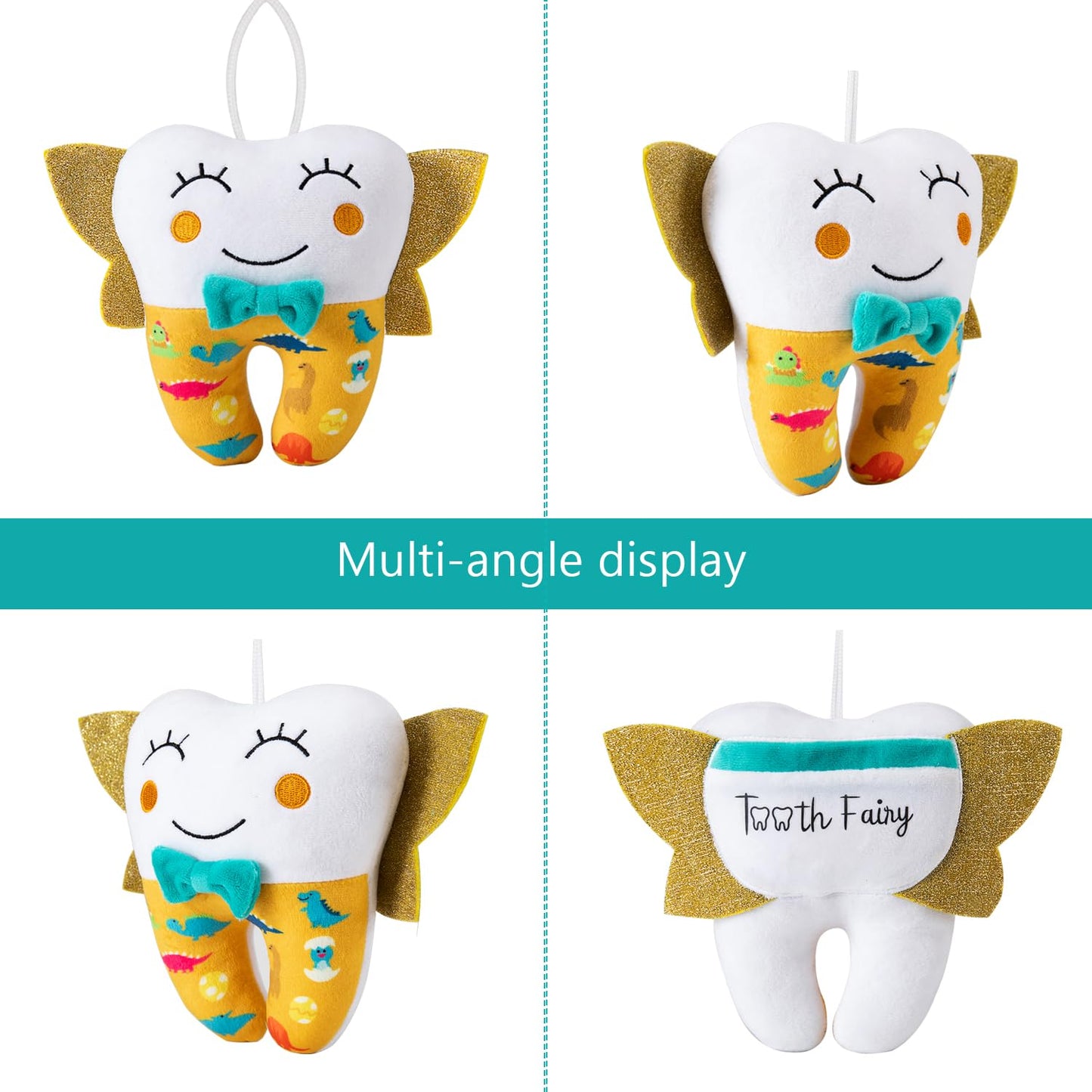 Free-Space Tooth Fairy Pillow For Boy Embroidery With Pocket Shiny Wings Crystal Velvet Tooth Fairy Keepsake Boys Girls Gifts (Y